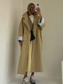 Women 2026 Khaki Long Color-Block Stripe Trench Coat Wide Lapel Loose Drop Shoulder Blue Lining Slit  Coat Commute Outing wear