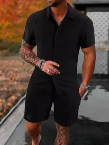 Lazy Street Style Vertical Stripe Slimming Shirt Shorts Two-piece Set No Need To Pair With Autumn Men's Thin Knit Sports Suit