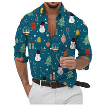 Christmas Style Men's Stylish Long Sleeve Shirt Breathable Red Tops Christmas Themed Pattern Full Sleeve Shirts Turn-Down Collar