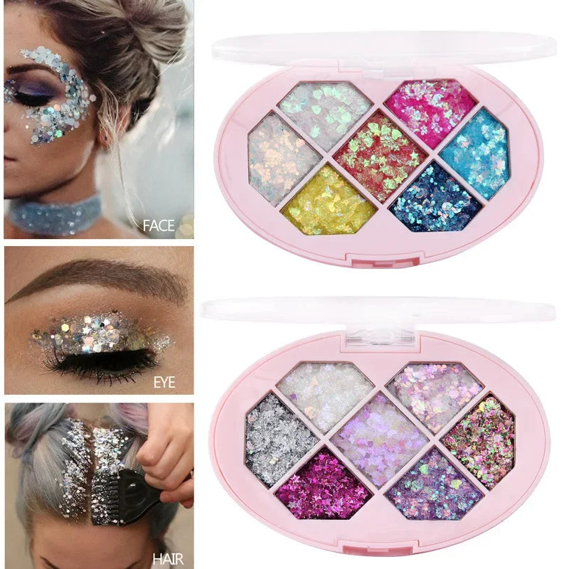 Paleta de sombras de ojos con 7 colores de lentejuelas de diamante, pigmento brillante, purpurina facial, estrella, luna, maquillaje de cejas, fragmento