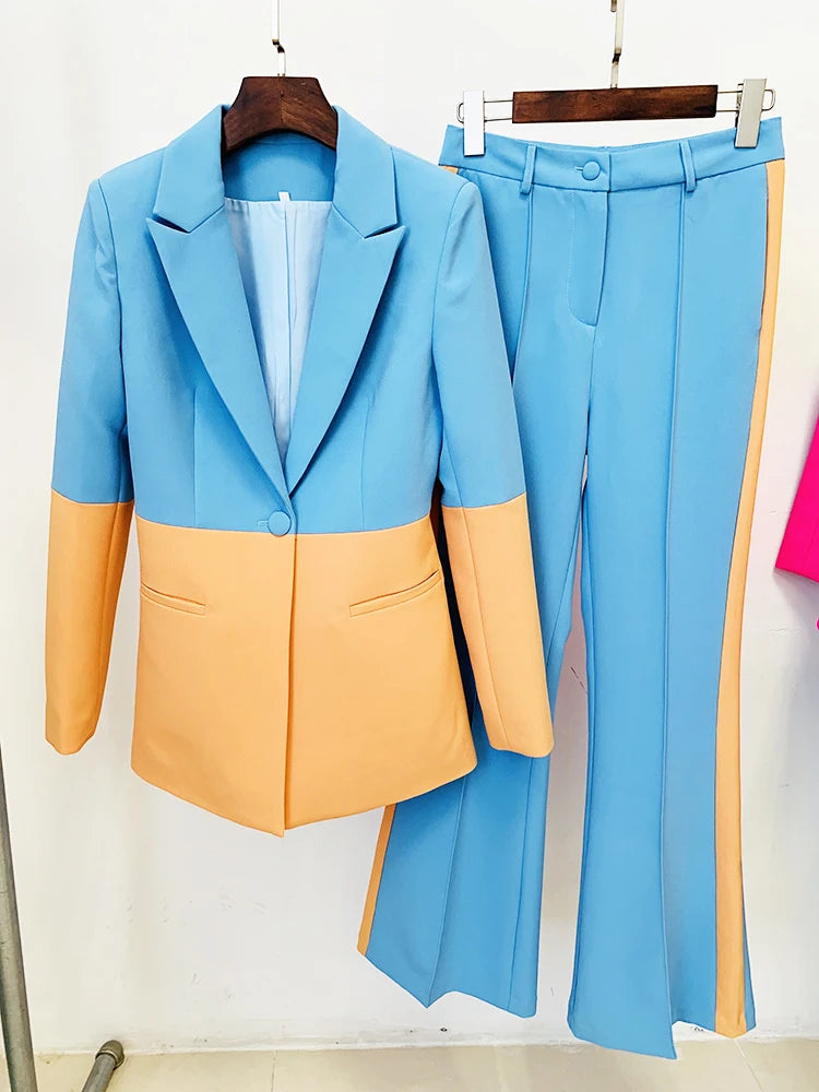 HIGH STREET Newest 2026 Designer Runway Suit Set Women's Single Button Color Block Blazer Flare Pants Suit