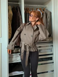 Women Casual Plaid Short Trench Coat Lapel Double Breasted Belted Waist Loose Long Sleeve Checkered Jacket Autumn Windbreaker