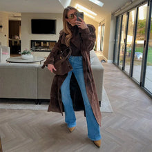 Women's Vintage Brown Suede Trench Coat Long Belted Overcoat Retro Windbreaker Fashion Female Date Commuter Streetwear Outerwear