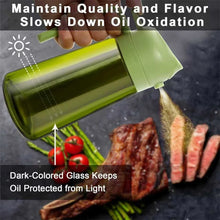 Dispensador de aceite de oliva, pulverizador 2 en 1 para cocinar (rocío y vertido), botella de aceite de vidrio verde oscuro con pegatinas, pulverizador de aceite de 470 ml/16 oz