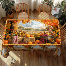 1 Piece, Autum Theme Pastoral Style Tablecloth + 4 Self-Adhesive, Maple Leaf Wheat Scarecrow Pumpkin Sunflower Flower Trolley Pattern Printing, Embossed Edge for Home Kitchen, Living Room Dining Table Balcony Coffee Table, Ho