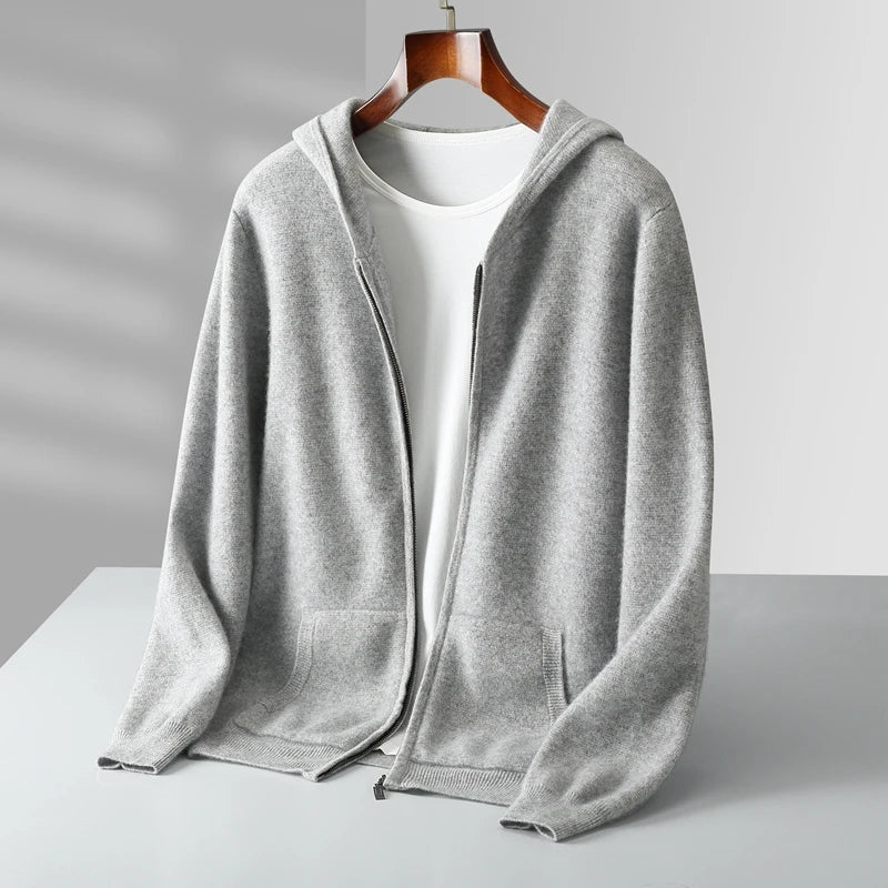 Abrigo de punto con capucha y cremallera para hombre, jersey grueso de 100% lana merina, cárdigan de manga larga para otoño e invierno, ropa de hombre