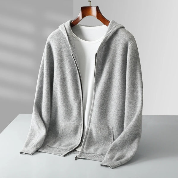 Autumn Winter New 100% Merino Wool Thick Sweater Men's Zipper Hooded Coat Warm Long Sleeved Knitted Cardigan Menswear Shirt