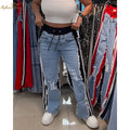 Vaqueros de tiro alto con roturas para mujer, pantalones de retazos en contraste y colorblock, vaqueros de mezclilla elásticos de pierna ancha y estilo urbano.
