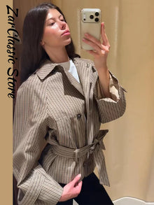 Vintage Plaid Women's Cropped Trench Coat Autumn Lapel Tie Waist Full Sleeve Windbreaker New Chic Casual Elegant Jacket 2026