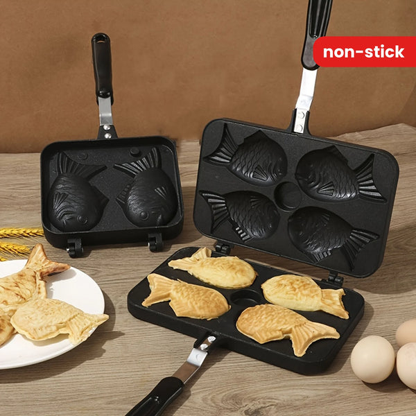 Molde para gofres en forma de pescado Taiyaki de aleación de aluminio, de doble cara, sin recubrimiento, con 6 cavidades, para aperitivos y pasteles, superficie antiadherente