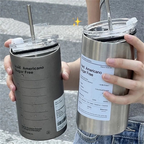 Termo portátil de acero inoxidable de 600 ml, taza para café, botella térmica con pajita, recipiente para bebidas sin BPA