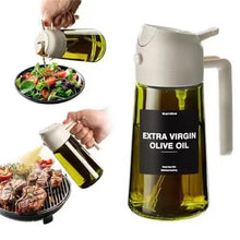 Dispensador de aceite de oliva, pulverizador 2 en 1 para cocinar (rocío y vertido), botella de aceite de vidrio verde oscuro con pegatinas, pulverizador de aceite de 470 ml/16 oz