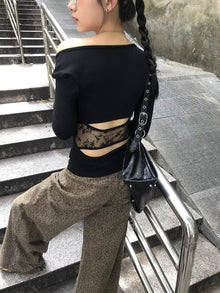 Camiseta con estampado vintage Tonngirls para mujer, con aberturas y diseño patchwork, estilo estético Y2k, top corto, ajustado, moda urbana, camisetas japonesas de los años 2000