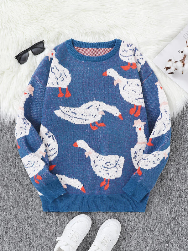 Nuevo y popular suéter tipo pullover para hombre, diseño de jacquard con lindo pato, tejido de punto, cuello redondo, estilo casual y colores en contraste, para otoño e invierno