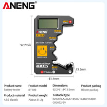ANENG BT189 battery tester can measure AA/AAA/C/D/9V/button battery  household LCD display power  high-precision display tester