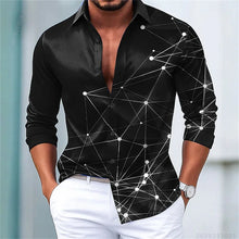 Men's trendy geometric line print long-sleeved shirt. Fashionable slim black technology-style shirt. Popular men's shirt.