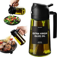 Dispensador de aceite de oliva, pulverizador 2 en 1 para cocinar (rocío y vertido), botella de aceite de vidrio verde oscuro con pegatinas, pulverizador de aceite de 470 ml/16 oz
