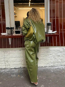 Olive Green Leather Jacket Coat Silhouette Vintage High Street Trend Zipper Lapel Short Overcoat Loose Casual Top Outwear Autumn