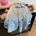 Women's Vintage Striped Denim Oversized Shirt, Long Lantern Sleeve Top