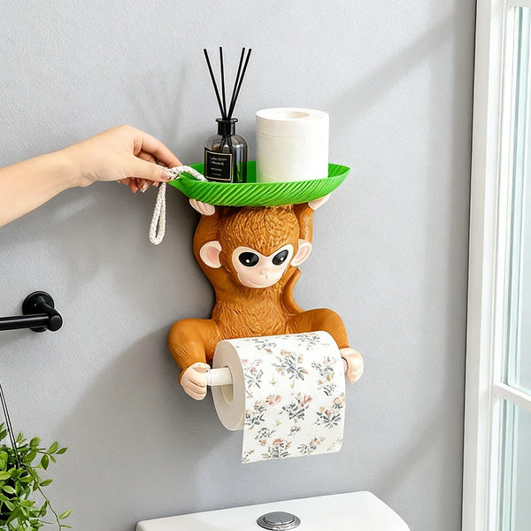 Portarrollos de papel higiénico de mono, soporte de pared sin taladrar para papel higiénico, estante de almacenamiento y colgador de papel.