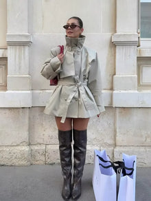 Fashion Stand Collar Short Trench Coat Women Solid Double-breasted Belt Jacket 2026 Autumn Lady Commuting Casual Outwear
