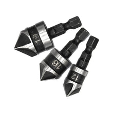 3PC Hexagonal Shank 90 Degree Black Five Blade Chamferer 12/16/19mm Countersink Drill Woodworking Hole Opener Tool Set