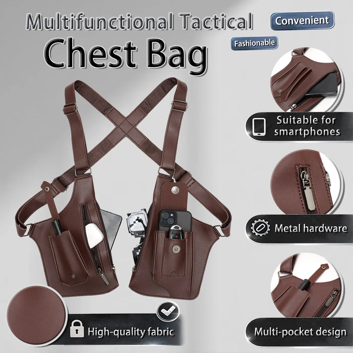 NEW Men's Tactical Vest Bag, High-quality PU Leather, Retro Scratch-resistant Chest Bag, Mobile Phone Bag, Men's Messenger Bag.