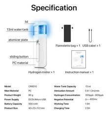 800ppb Portable Hydrogen Rich Water Mister Super Anti-oxidant ORP Face Sprayer Nano Dissolved Molecular Hydrogen H2 Mister