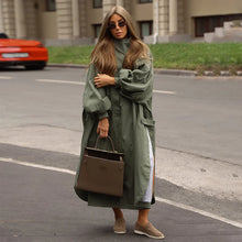 Oversized Solid Wome's Long Trench Coat Puff Sleeve Side Slit Maxi Windbreaker Lapel Single Breasted Lady Autumn Tench Coats