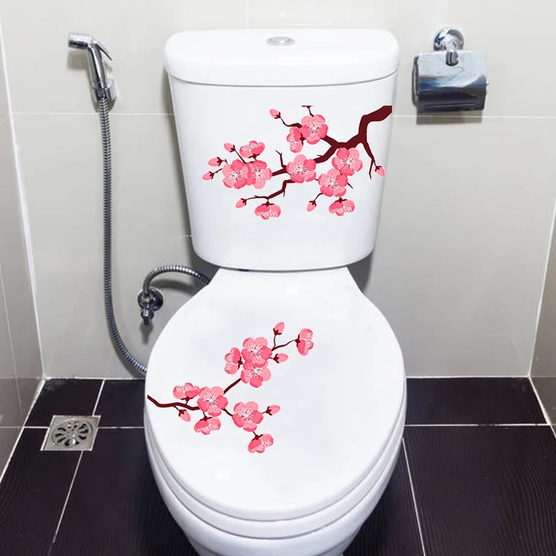 C258# Pink Cherry Blossoms Toilet Sticker Bathroom Toilet Cover Sticker Wall Stickers Wc  For Home  Decoration