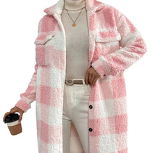 Women Long Plaid Fleece Sweatshirt Coat Autumn Winter Turn Down Collar Long Sleeve Pocket Button Loose Flurry X-Long Trench Coat