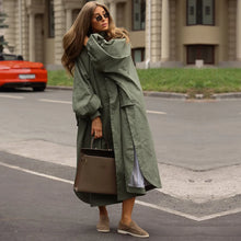 Women's Autumn Long Trench Coat Stand Collar Button Batwing Sleeves Side Slit Oversized Jacket Chic High Street Windproof Outfit
