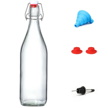 Classic Swing Top Glass Bottles 1L w/Marker & Labels - Clear Bottle with Caps for Juice, Water, Kombucha, Wine, Beer Brewing