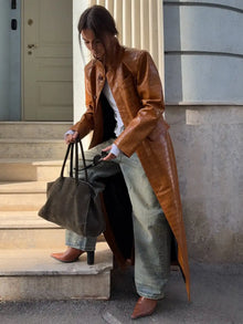 Brown Croc Embossed Faux Leather Long Trench Coat Lapel Single Breasted Straight Long Front Pockets Women Vintage Autumn Winter