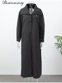 Women Black Long Solid Color Trench Coat Stand Collar Loose Drop Shoulder Single-breasted Windbreaker Lady Commute Outing Wear