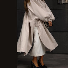 Oversized Solid Wome's Long Trench Coat Puff Sleeve Side Slit Maxi Windbreaker Lapel Single Breasted Lady Autumn Tench Coats