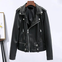 Chaqueta de mujer de piel sintética con cuello vuelto, cierre de cremallera, manga larga, estilo motero, ideal para viajes y uso diario.