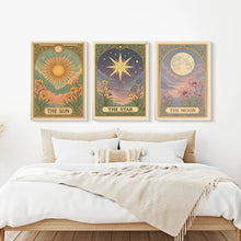 3pcs Frameless Sun,Moon and Stars Tarot Card Canvas Printing,Retro Bohemian Celestial Wall Art,Mysterious Living Room Decoration