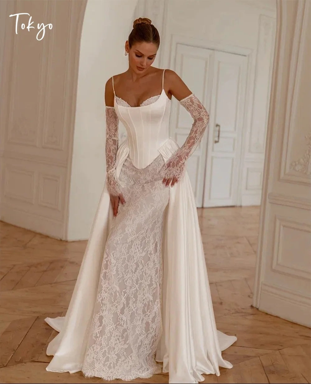 Tokyo Customized Elegant Strapless Wedding Dresses Detachable Sleeves Train Back Zip Bridal Gowns White Mermaid Wedding Gowns