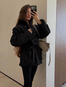 Women Short Trench Coat Belted Stand Collar Double Breasted Utility Jacket Oversized Pocket Chic Casual Office Commute Outerwear