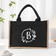 Bolso de mano de lona de lino con parches negros y estampado de letras de hoja plateada, con bolsa interior impermeable de gran capacidad para el día a día.
