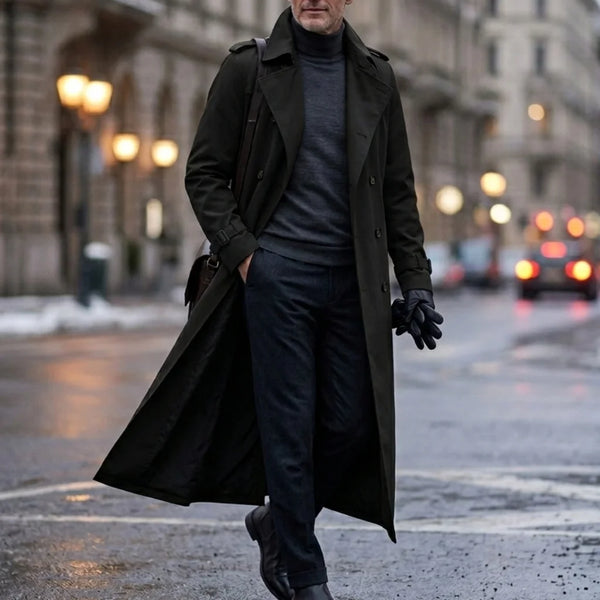 Nueva gabardina larga para hombre de otoño - Cruzada con cinturón | Chaqueta larga casual de estilo urbano, fina y holgada