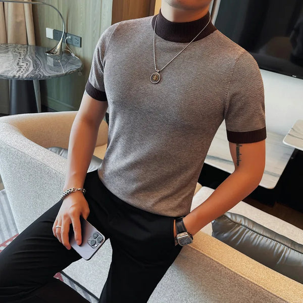 Suéter de cuello alto de manga corta para hombre, ropa de otoño, nuevo estilo coreano, ajustado, informal, de punto, tallas grandes, 4XL-M