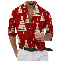 Christmas Style Men's Stylish Long Sleeve Shirt Breathable Red Tops Christmas Themed Pattern Full Sleeve Shirts Turn-Down Collar
