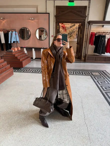 Brown Crocodile Embossed Faux Leather Trench Coat Lapel Single Breasted Straight Front Pockets Women Autumn Winter Fit Jackets