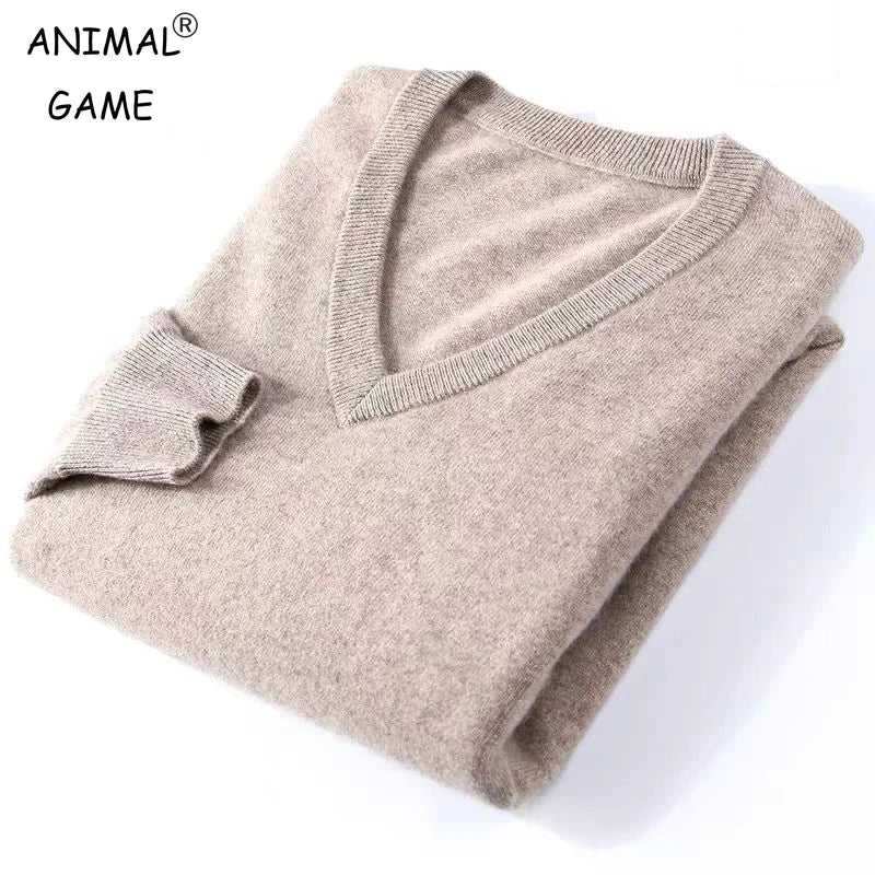 Autumn Men's V Neck Warm Pullover Sweaters Solid Color Slim Casual Sweater Long Sleeve Men's Basic Solid Color Trend Outerwear