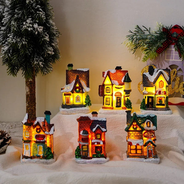Decoraciones navideñas de resina, casita pequeña de Navidad, micropaisaje, casa de nieve luminiscente, adornos navideños, regalos de Navidad, Papá Noel