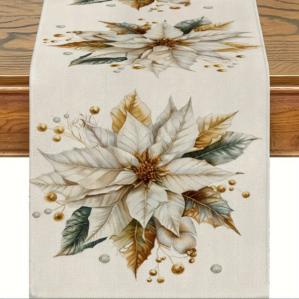 1 Piece of Retro Gold Leaf Floral Table Runner, Light Background Painted with Beige Flowers, Golden Brown Leaves and Decorative Fruits, Suitable for Retro Restaurants, Art Tea Parties, Classy B&Bs, Holiday Parties, Home Soft
