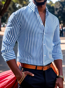 Men'S Casual Regular Fit Striped Long Sleeve Solid Color Polyester Button Lapel Shirt, 6 Colors,Woven,Non-Stretch Fabric