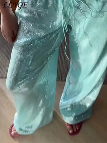 Street Sequin Lace Up Pants Women Elastic Low Waist Wide Leg Trousers Female 2026 Spring Summer Lady Shiny Party Club Clothes
